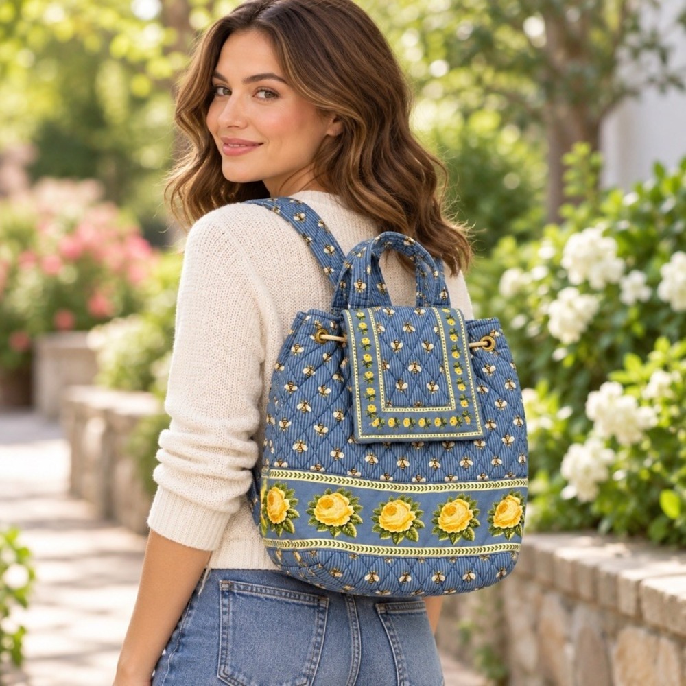 Vera Bradley Busy Bees Quilted Cotton Backpack Blue Yellow Rose Floral Retired